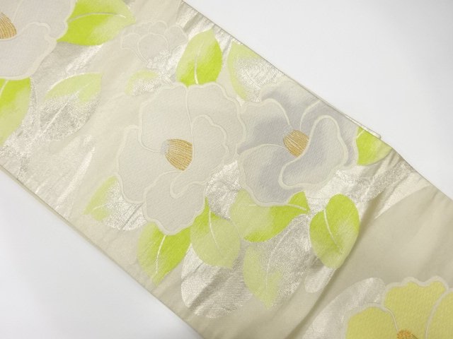 JAPANESE KIMONO / ANTIQUE CAMELLIA PATTERN WOVEN FUKURO OBI (WEARABLE)